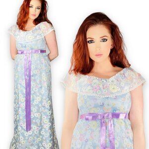 Vintage 70s Womens Cottage Fairycore Chiffon + Velvet Floral Maxi Dress Small S